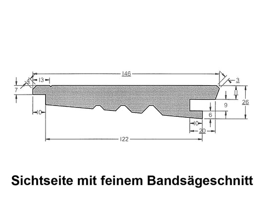 Sibirische Lärche Keilstülpschalung, 26x146 mm, KD, Sichtseite sägerau, 4 Stk./Bund Deckbreite 134 mm