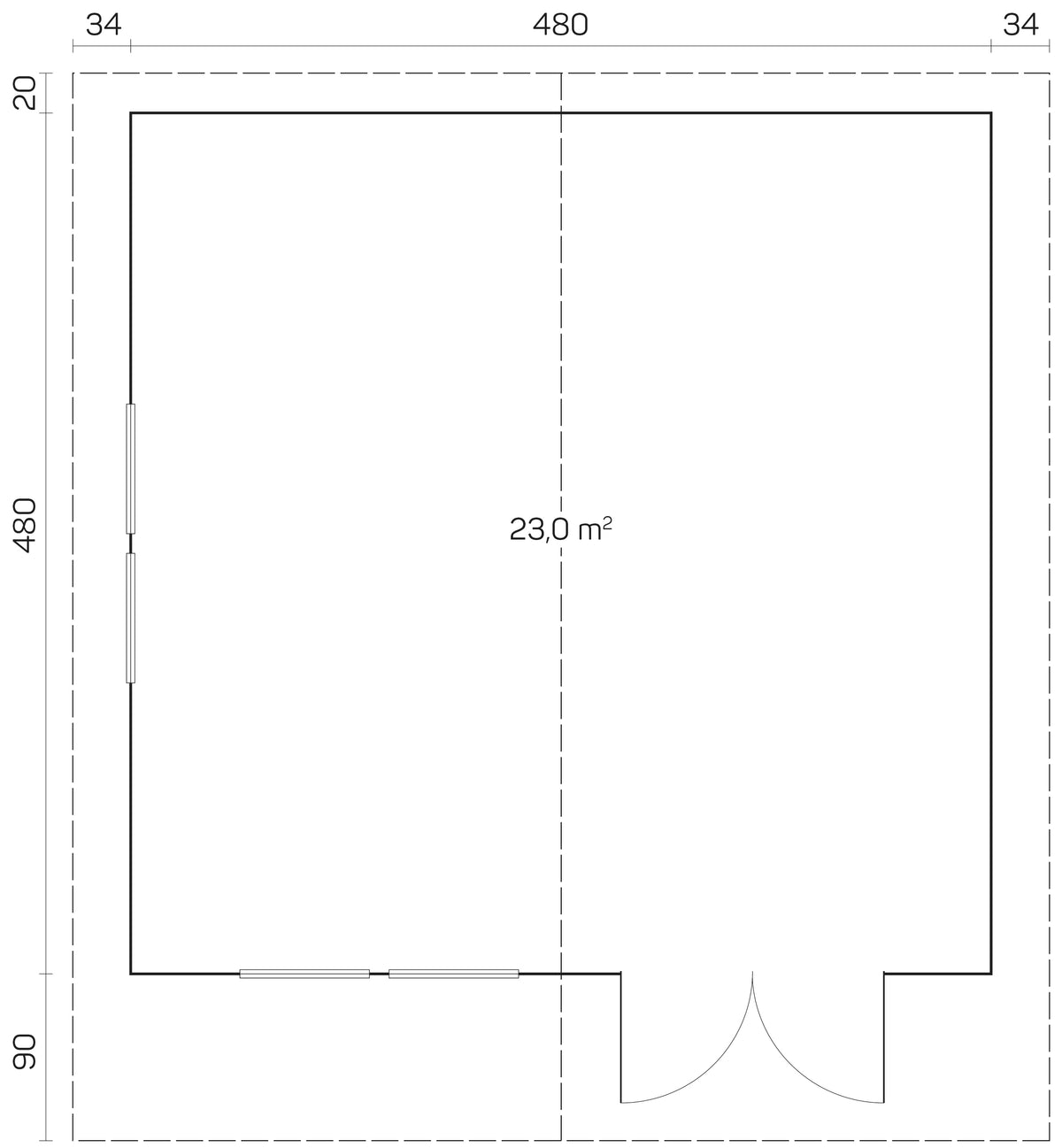 TENE Kaubandus Gartenhaus "ENZO D", 40 mm Wandstärke, unbehandelt, 500x500 cm, mit Doppeltür + 2 Fenster
