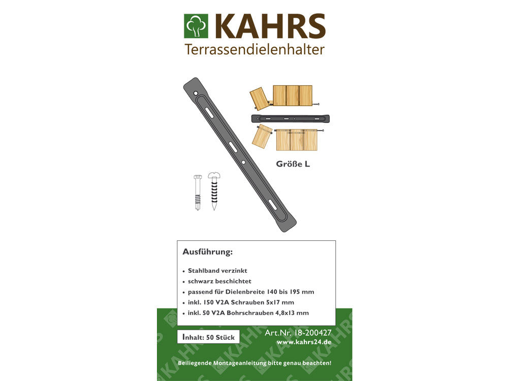KAHRS Terrassendielen-Halter, 50 Stück, inkl. V2A-Bohrschrauben für Alu-UK, Aufbau: 5 mm für eine Dielenbreite von 140 - 195 mm
