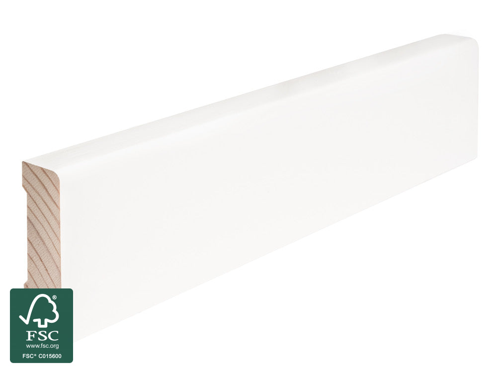 Kiefer Sockelleisten, 16x40 mm "Rundkante", im Prinzip astrein, massiv, weiß lackiert, RAL 9016, 10 Stk. pro Bund