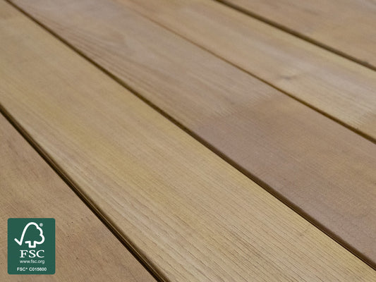Robinie Terrassendielen, 23×118mm, KD, glatt bombiert, seitlich genutet, keilgezinkt