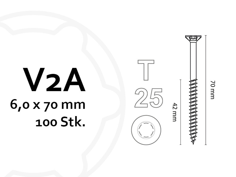 KAHRS Holzbauschrauben, 6,0x70 mm, V2A, TX25, 100 Stk./VE, mit verstärktem Senkkopf