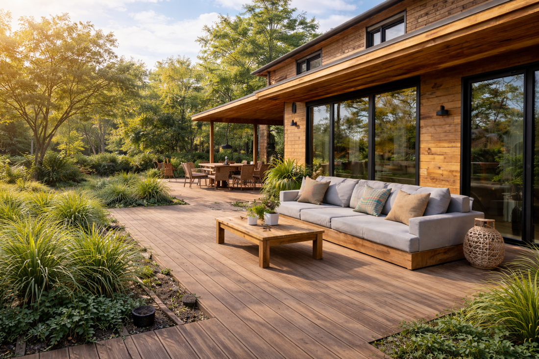 Holzterrasse mit Lounge-Möbeln am Haus im Garten