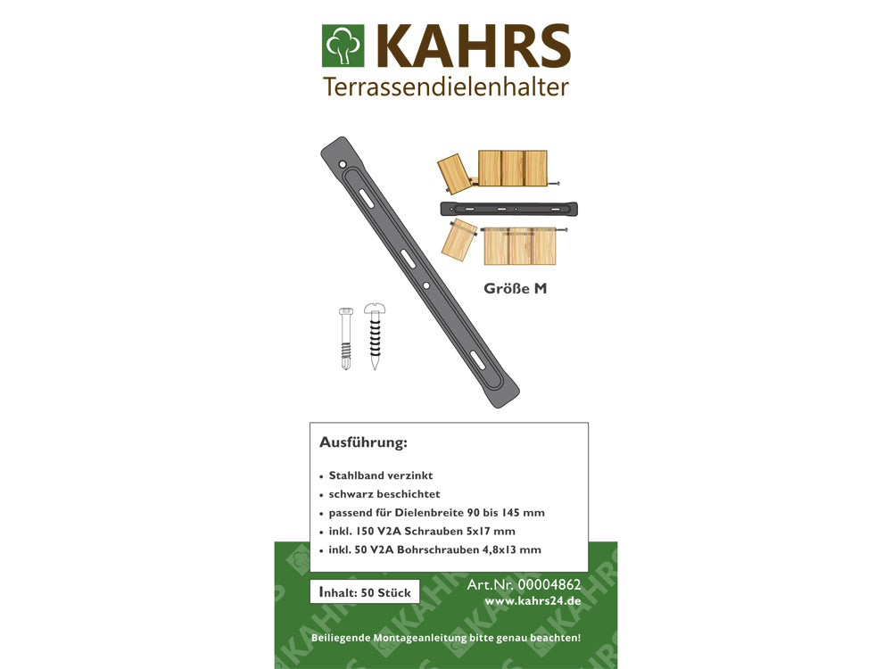 KAHRS Terrassendielen-Halter, 50 Stück, inkl. V2A-Bohrschrauben für Alu-UK, Aufbau: 5 mm, für eine Dielenbreite von 90 - 145 mm