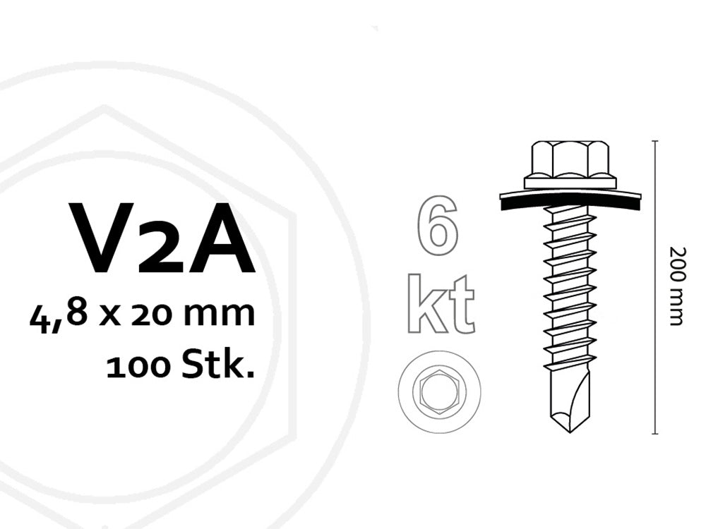 KAHRS Terrassenbohrschraube für Alu-UK 4,8x20 mm, V2A, 6-Kant, 100 Stück/Pack mit 16 mm Dichtscheibe