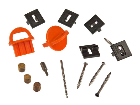 Terrassen T-Clip KD Set schwarz, für Holz-UK, Inklusive 185 Clips, 200 Schrauben schwarz, 1 Bohrer, 1 Bit, 12 Ipe Plugs