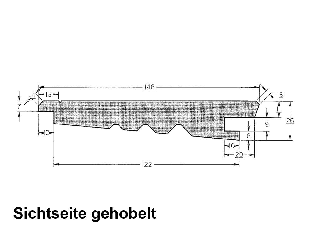 Sibirische Lärche Keilstülpschalung, 26x146 mm, KD, Sichtseite gehobelt, 4 Stk./Bund Deckbreite 134 mm