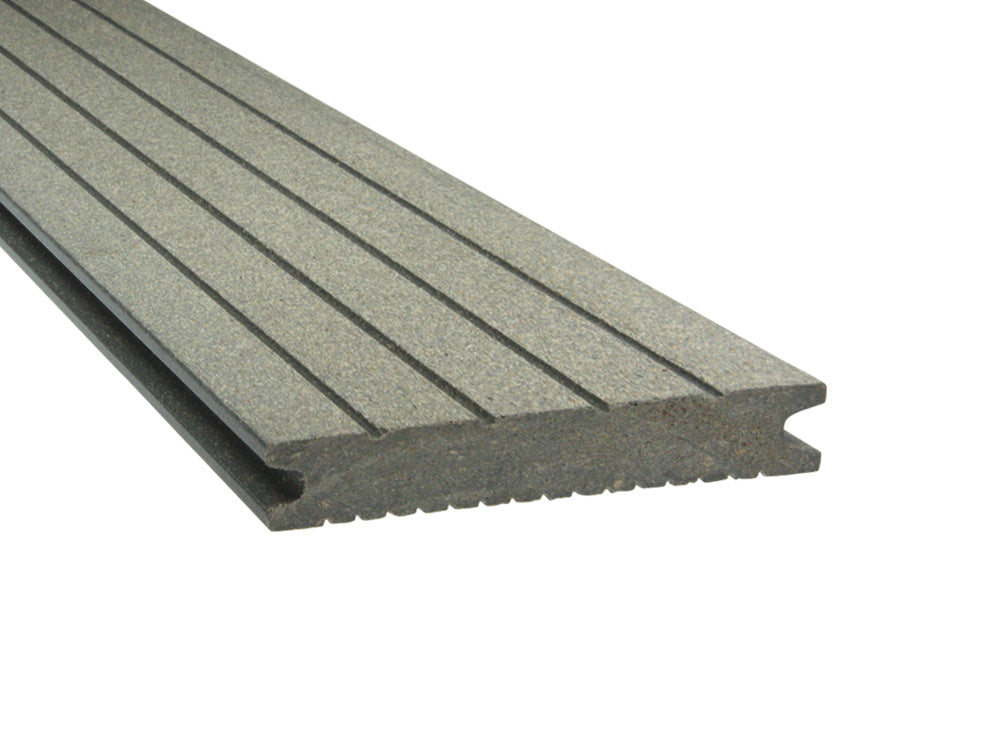 21x139 mm "Die Kompakte", WPC-Terrassendielen, grau, Vollprofil, grob/fein, gebürstet