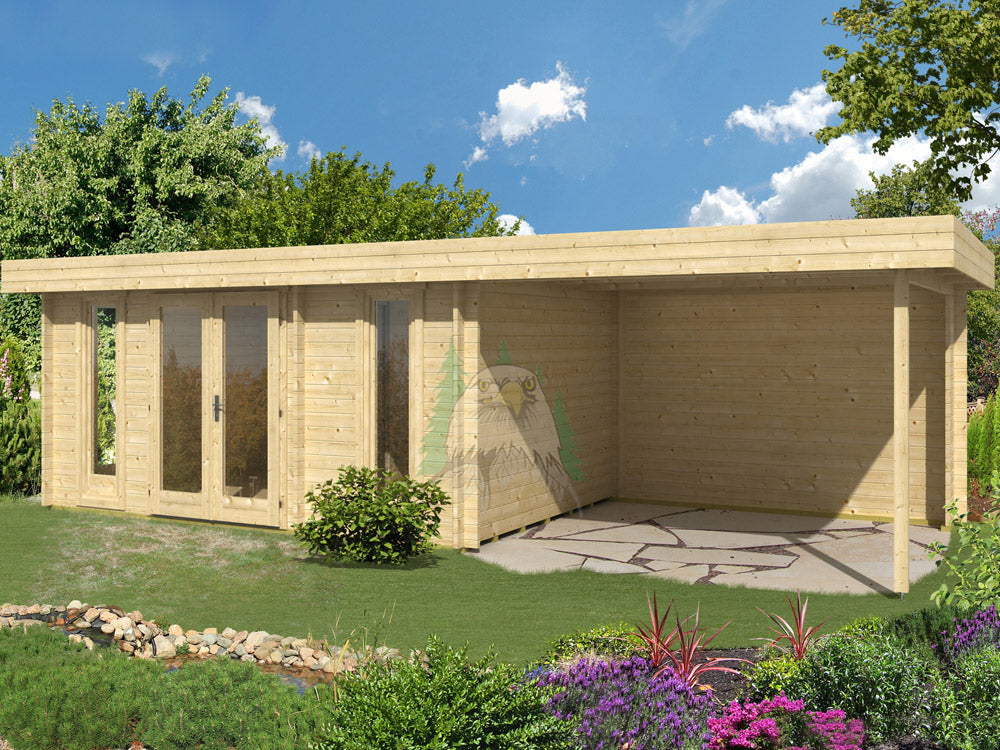 TENE Kaubandus Gartenhaus "Oriental 5" SD300, 40 mm Wandstärke, unbehandelt, 770x320 cm, mit Doppeltür + Überdachung