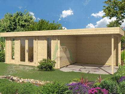 TENE Kaubandus Gartenhaus "Oriental 5" SD300, 40 mm Wandstärke, unbehandelt, 770x320 cm, mit Doppeltür + Überdachung