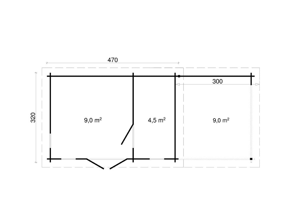 TENE Kaubandus Gartenhaus "Oriental 5" SD300, 40 mm Wandstärke, unbehandelt, 770x320 cm, mit Doppeltür + Überdachung