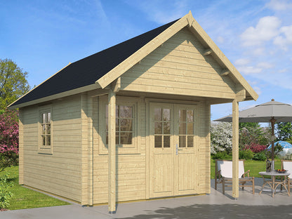 TENE Kaubandus Gartenhaus "Bunkie", 40 mm Wandstärke, unbehandelt, 380x290 cm, mit Schlafboden + Vordach
