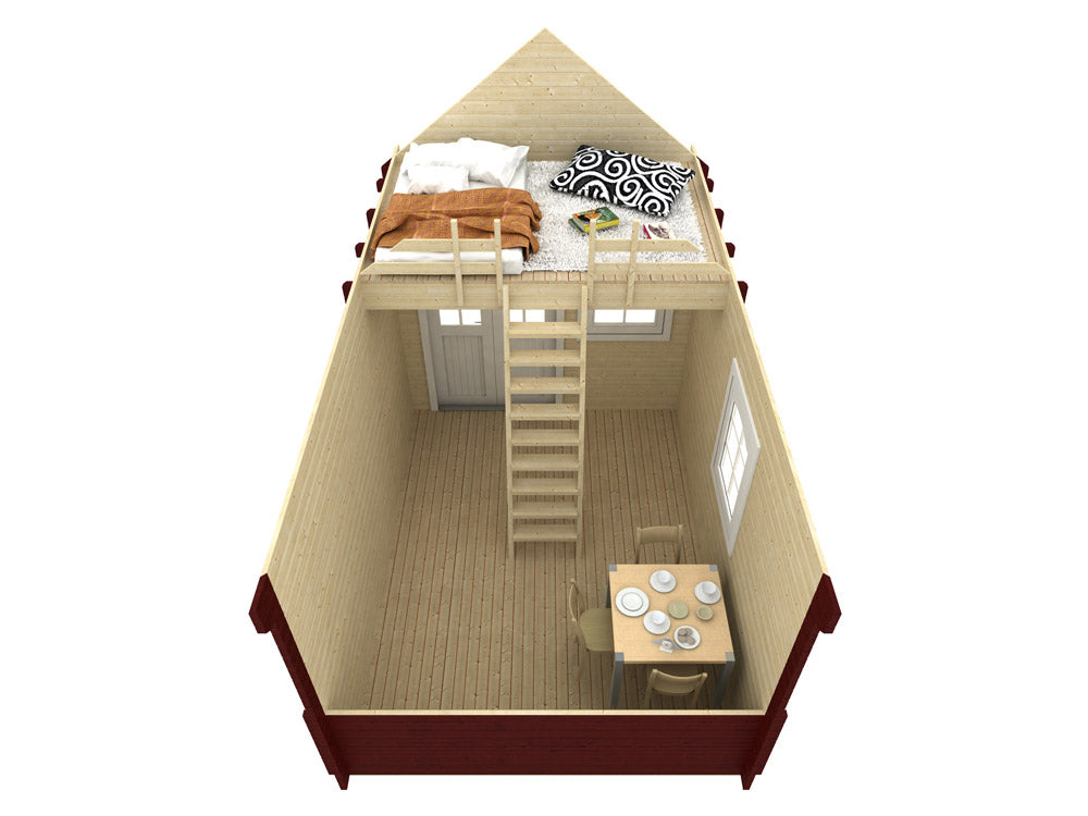 TENE Kaubandus Gartenhaus "Bunkie", 40 mm Wandstärke, unbehandelt, 380x290 cm, mit Schlafboden + Vordach