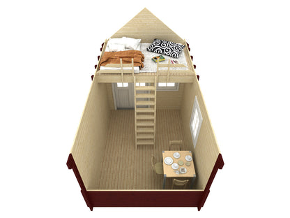 TENE Kaubandus Gartenhaus "Bunkie", 40 mm Wandstärke, unbehandelt, 380x290 cm, mit Schlafboden + Vordach