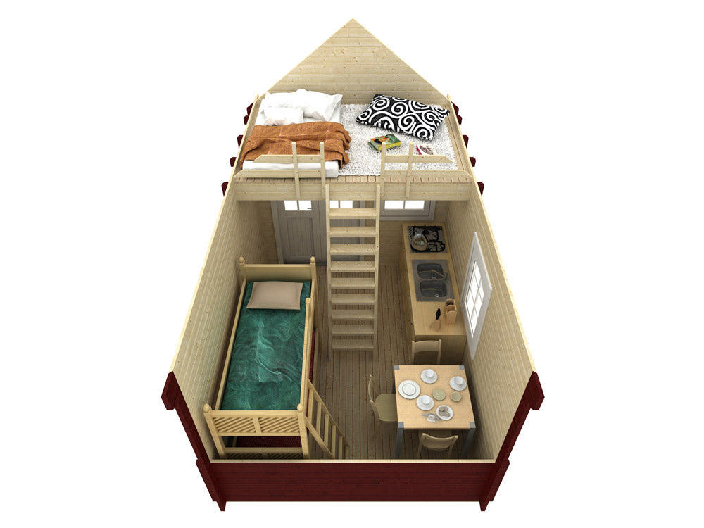 TENE Kaubandus Gartenhaus "Bunkie", 40 mm Wandstärke, unbehandelt, 380x290 cm, mit Schlafboden + Vordach