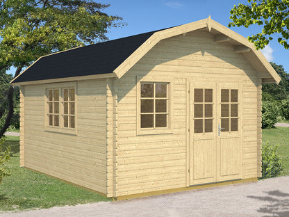TENE Kaubandus Gartenhaus "Kansas", 40 mm Wandstärke, unbehandelt, 445x370 cm, mit Doppeltür + 2 Fenstern