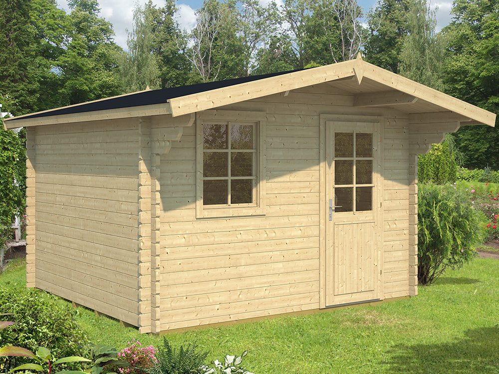 TENE Kaubandus Gartenhaus "Lugo", 40 mm Wandstärke, unbehandelt, 320x350 cm, mit Einzeltür+90 cm Vordach