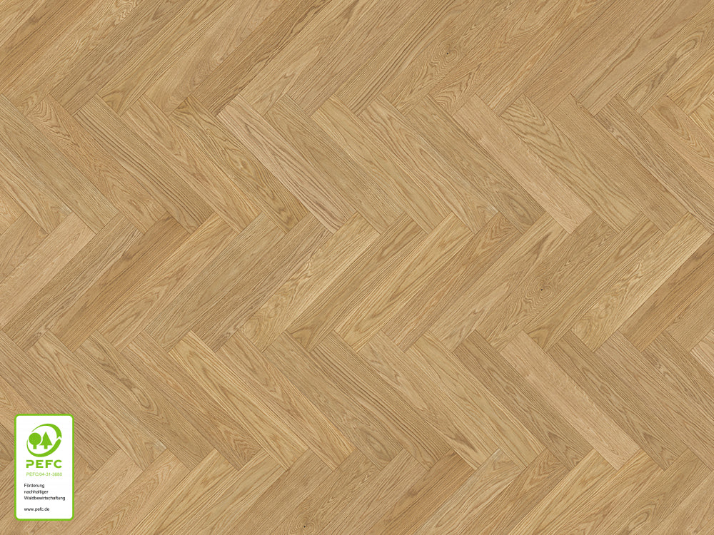 KAHRS Parkett Eiche "Fishbone" Natur, naturgeölt, Kanten gefast, 10x120x600 mm Nut & Feder, Aufbau: 2-Schicht, Nutzschicht: ca. 3 mm