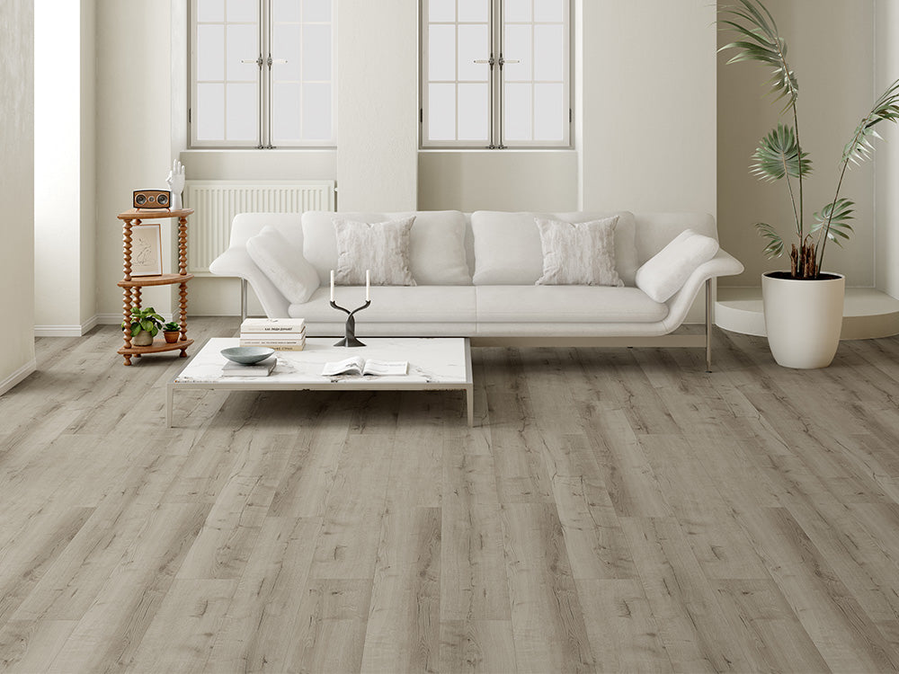 Designboden "Grand Solid" Rigid SPC, 6x240x1524mm, Eiche Grau, inkl. 1,0mm Kork-Trittschall, 2,19 m² / VE
