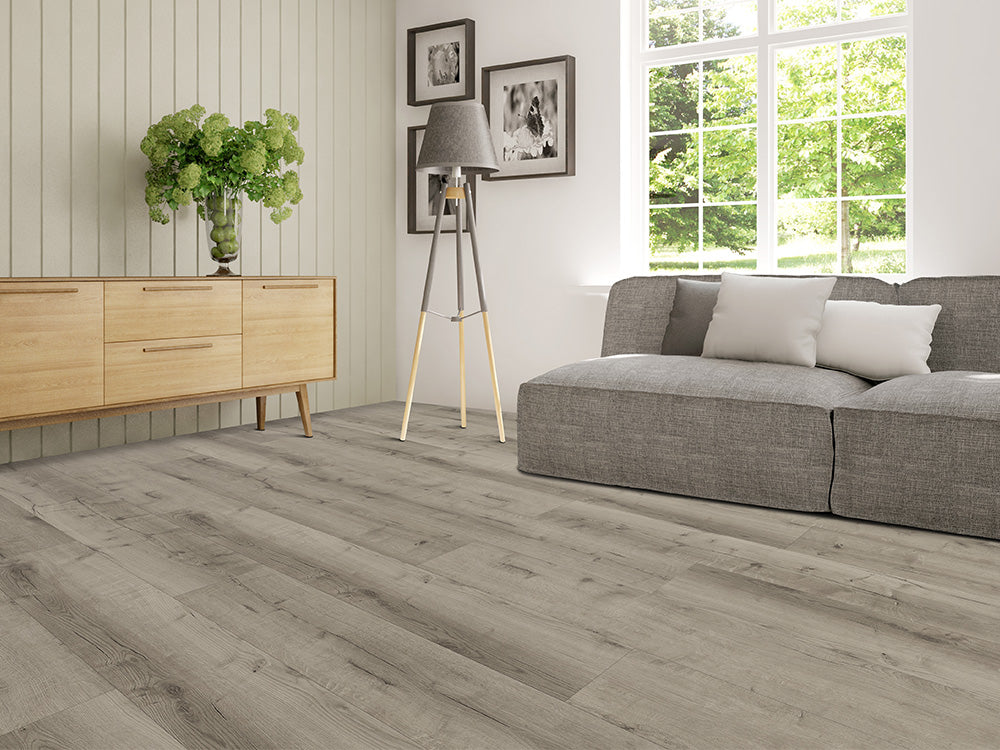 Designboden "Grand Solid" Rigid SPC, 6x240x1524mm, Eiche Grau, inkl. 1,0mm Kork-Trittschall, 2,19 m² / VE