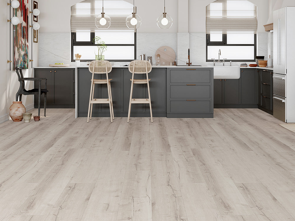 Designboden "Grand Solid" Rigid SPC, 6x240x1524mm, Eiche Weiß, inkl. 1,0mm Kork-Trittschall, 2,19 m² / VE