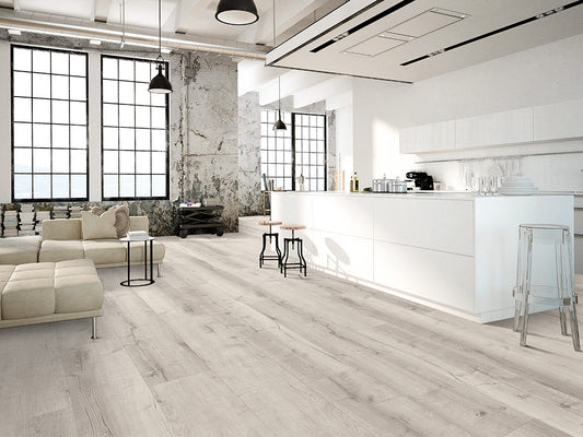 Designboden "Grand Solid" Rigid SPC, 6x240x1524mm, Eiche Weiß, inkl. 1,0mm Kork-Trittschall, 2,19 m² / VE