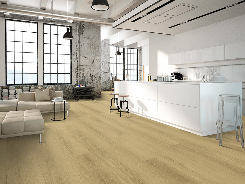 Hybridboden "Silent Step" LVT+EPC, 7,5x229x1830mm Eiche Beige, inkl. 1,5 mm Kork-Trittschall, Nutzschicht 0,55 mm, Nutzungsklasse 23/33, 2,51 m² / VE