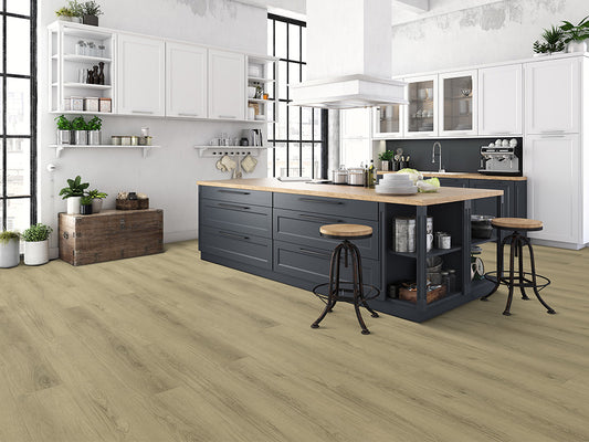 Hybridboden "Silent Step" LVT+EPC, 7,5x229x1830mm Eiche Hellgrau, inkl. 1,5 mm Kork-Trittschall, Nutzschicht 0,55 mm, Nutzungsklasse 23/33, 2,51 m² / VE