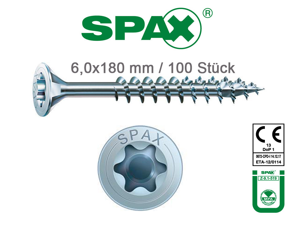 6,0x180 mm Spax Spanplattenschrauben, Senkkopf, T-Star plus verzinkt/Wirox, 100 Stück