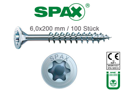 6,0x200 mm Spax Spanplattenschrauben, Senkkopf, T-Star plus verzinkt/Wirox, 100 Stück