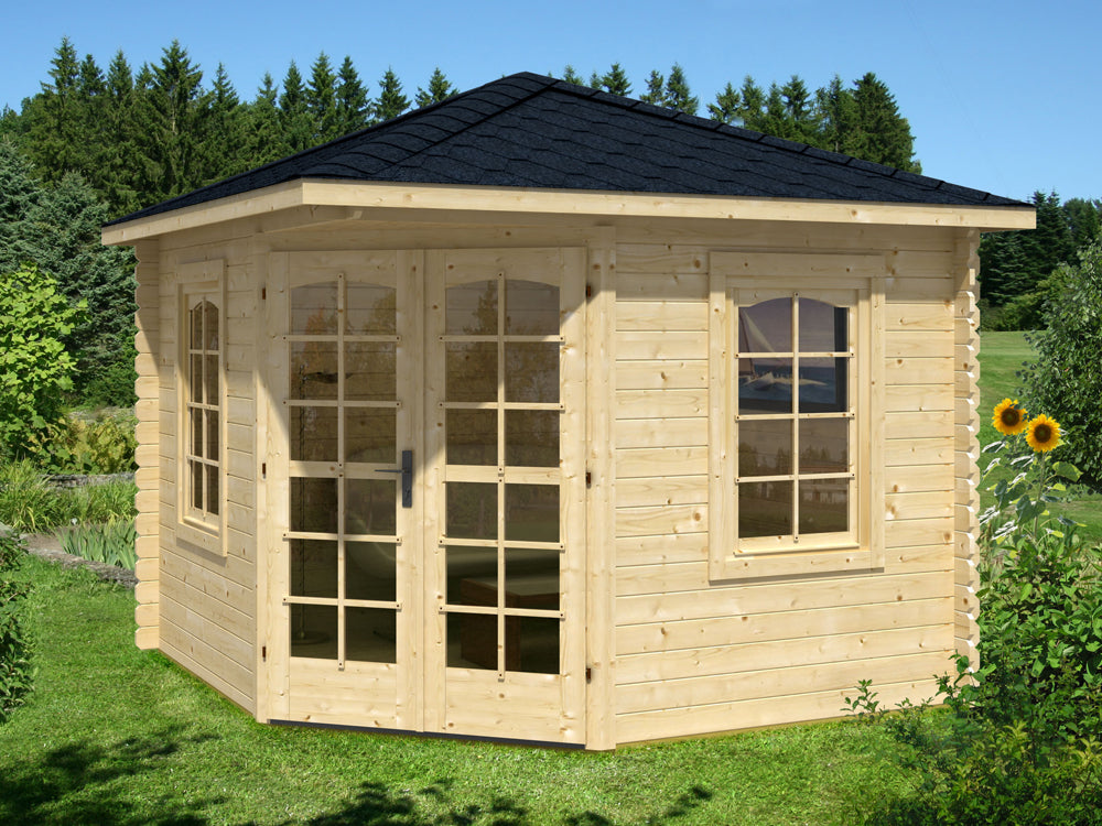 TENE Kaubandus Gartenhaus "VICTORIA B", 28 mm Wandstärke, unbehandelt, 300x300 cm, mit Doppeltür + 2 Fenster