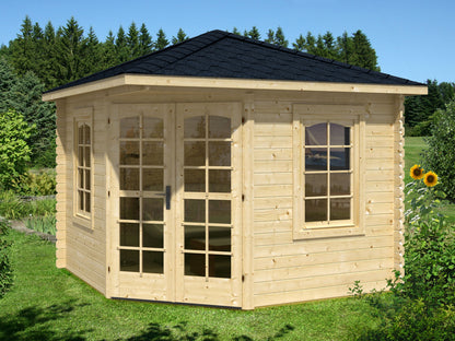 TENE Kaubandus Gartenhaus "VICTORIA B", 40 mm Wandstärke, unbehandelt, 300x300 cm, mit Doppeltür + 2 Fenster
