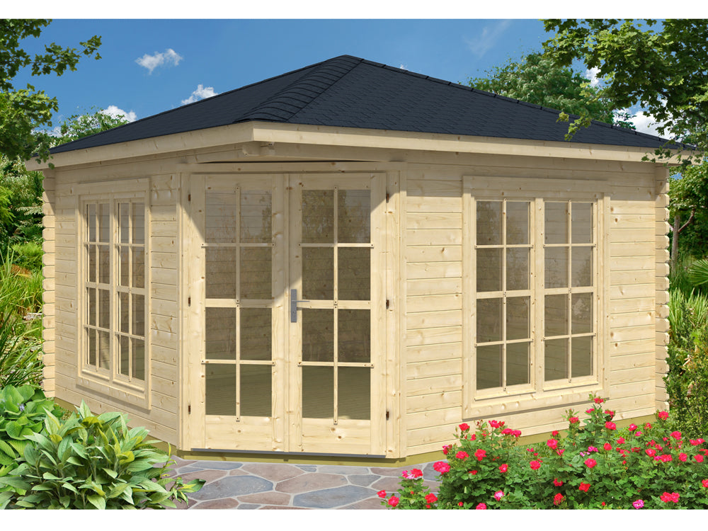 TENE Kaubandus Gartenhaus "VICTORIA C", 40 mm Wandstärke, unbehandelt, 400x400 cm, mit Doppeltür + 2 Fenster