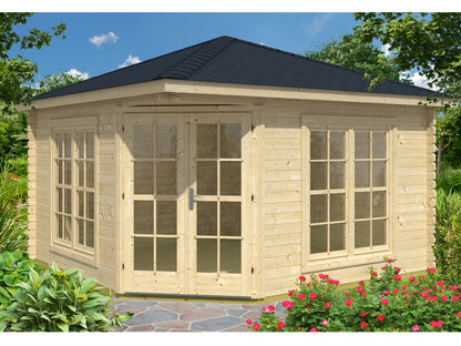 TENE Kaubandus Gartenhaus "VICTORIA C", 40 mm Wandstärke, unbehandelt, 400x400 cm, mit Doppeltür + 2 Fenster