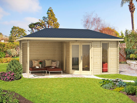 TENE Kaubandus Gartenhaus "VENEZIA", 40 mm Wandstärke, unbehandelt, 576x300 cm, mit Doppeltür + 2 Fenster