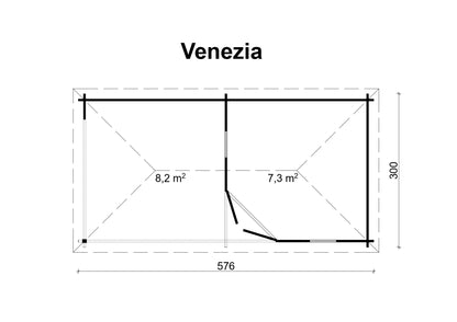 TENE Kaubandus Gartenhaus "VENEZIA", 40 mm Wandstärke, unbehandelt, 576x300 cm, mit Doppeltür + 2 Fenster