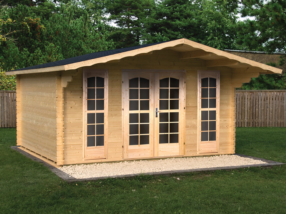 TENE Kaubandus Gartenhaus "CAMILLA B", 40 mm Wandstärke, unbehandelt, 380x380 cm, mit Doppeltür + 2 Fenster