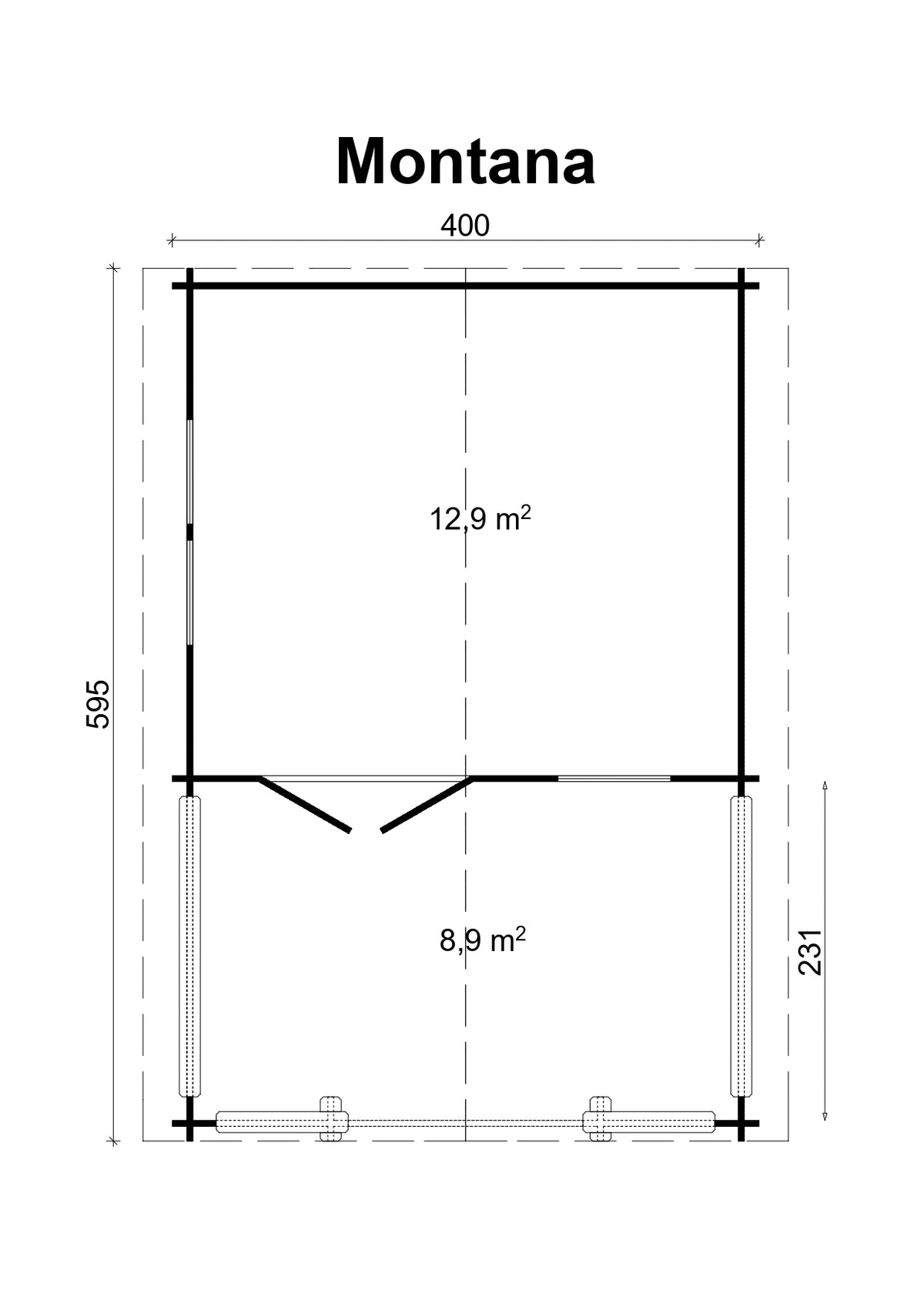 TENE Kaubandus Gartenhaus "MONTANA", 40 mm Wandstärke, unbehandelt, 400x595 cm, mit Doppeltür + 2 Fenster