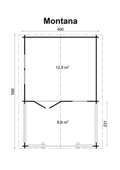 TENE Kaubandus Gartenhaus "MONTANA", 40 mm Wandstärke, unbehandelt, 400x595 cm, mit Doppeltür + 2 Fenster