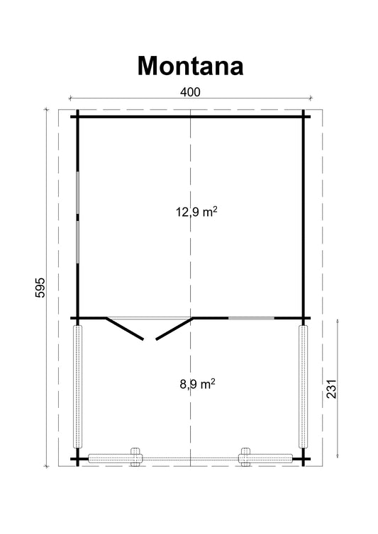 TENE Kaubandus Gartenhaus "MONTANA", 40 mm Wandstärke, unbehandelt, 400x595 cm, mit Doppeltür + 2 Fenster