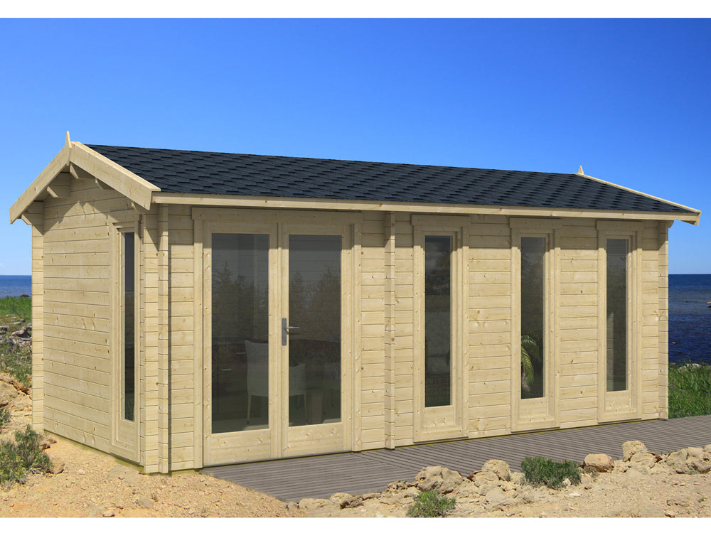 TENE Kaubandus Gartenhaus "NICE", 40 mm Wandstärke, unbehandelt, 575x300 cm, mit Doppeltür + 4 Fenster