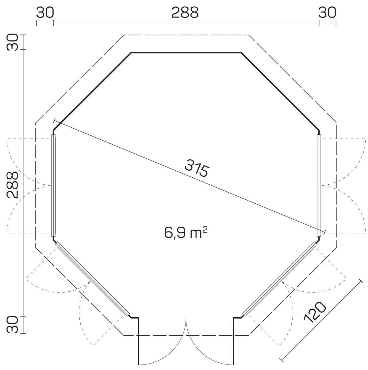 TENE Kaubandus Gartenhaus "LOUISE 4F", 40 mm Wandstärke, unbehandelt, 315 cm, mit Doppeltür + 4 Fenster