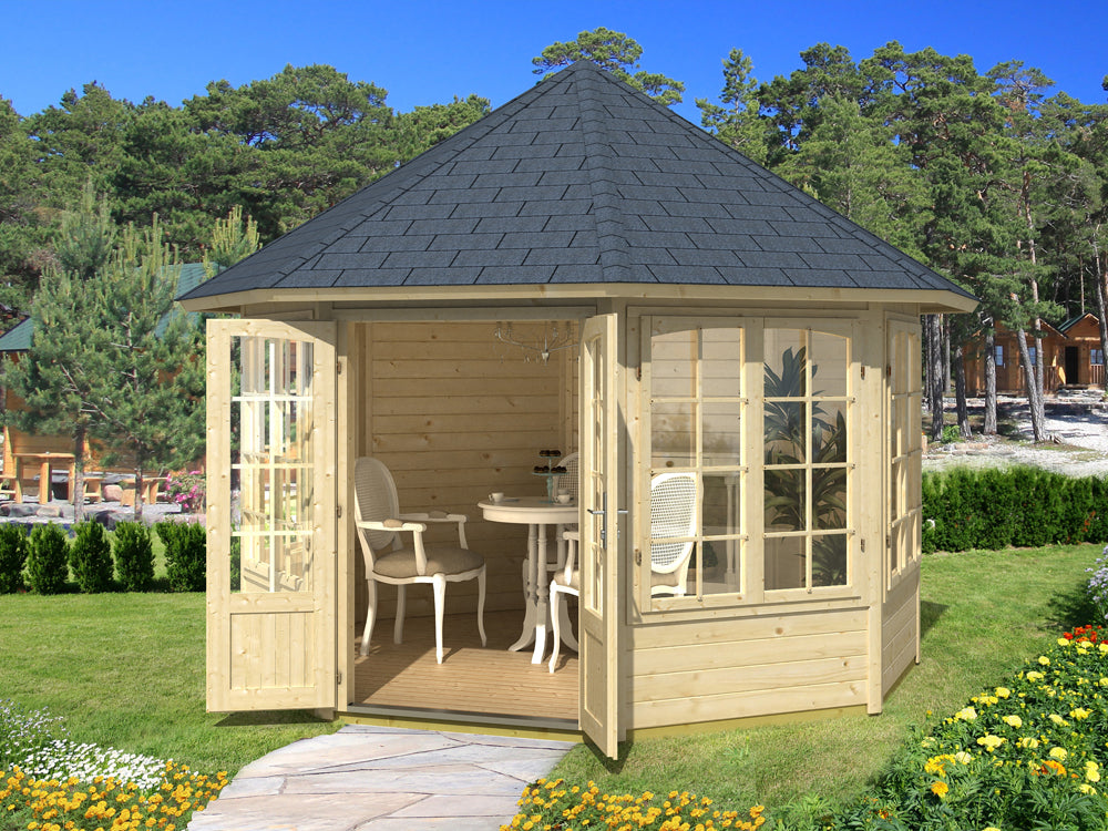 TENE Kaubandus Gartenhaus "EMMA 4F", 40 mm Wandstärke, unbehandelt, 367 cm, mit Doppeltür + 4 Fenster