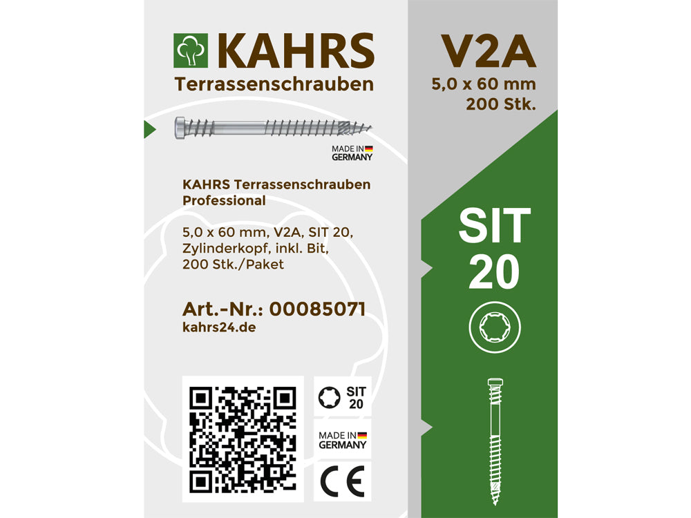 KAHRS Terrassenschrauben Professional, 5,0x60 mm, V2A, Zylinderkopf, inkl. Bit, 200 Stk./Paket