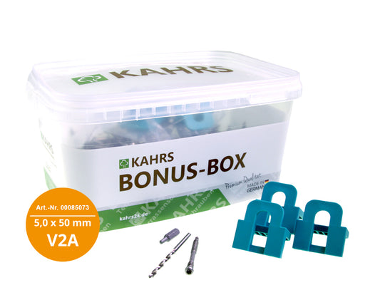 KAHRS Terrassenschrauben Professional Bonusbox 5,0x50 mm, V2A, Zylinderkopf, 500 Stk./Paket, inkl. Bit, 3 Fugenlehren und Bohrer