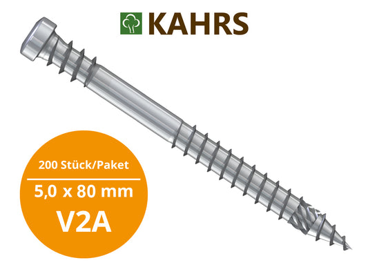 KAHRS Terrassenschrauben Professional, 5,0x80 mm, V2A, Zylinderkopf, inkl. Bit, 200 Stk./Paket 200 Stk./Paket