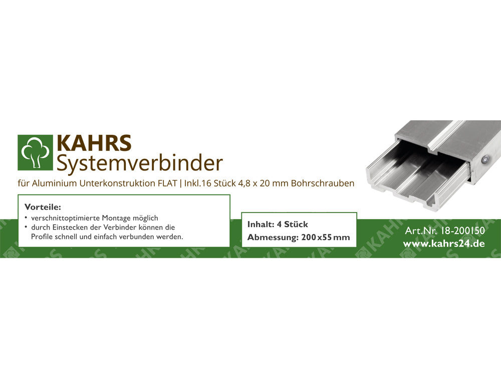 KAHRS Aluminium Systemlängsverbinder 4 St./VE, passend für Serie *flat* inkl. 16 Stück 4,8x20 mm Bohrschrauben