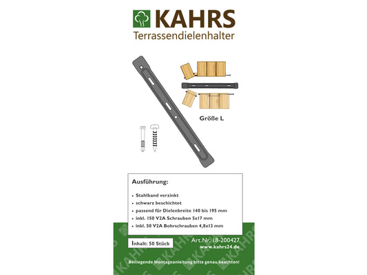 KAHRS Terrassendielen-Halter, 50 Stück, inkl. V2A-Bohrschrauben für Alu-UK, Aufbau: 5 mm für eine Dielenbreite von 140 - 195 mm