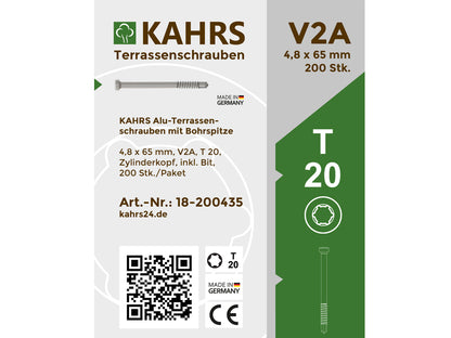 KAHRS Terrassenbohrschraube für Alu-UK 4,8x65 mm, V2A, T20, 200 Stück/Pack inkl. Bit
