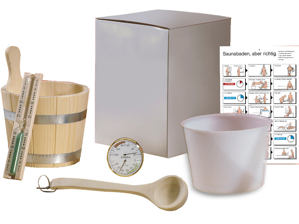 Sauna Set, 5-teilig: Aufgusskübel, Kübeleinsatz, Schöpfkelle, Sanduhr, Klimamesser Ø 100 mm